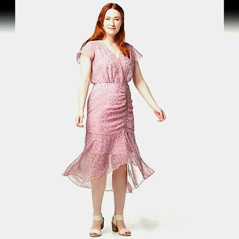 Sam Edelman Lilac Ditsy Floral Ruched Midi Dress Wedding Guest Size Medium